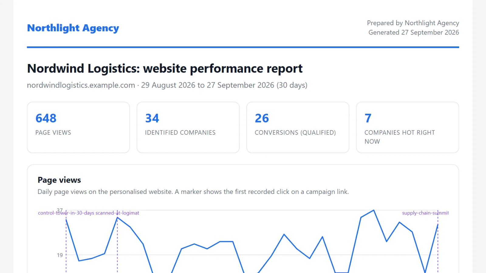 A monthly campaign report: clicks, companies via campaign, conversions and a daily clicks chart